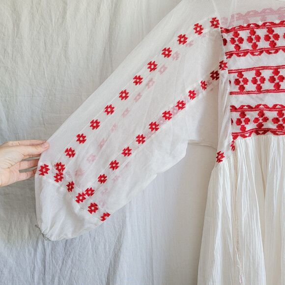 Free People Need Me Mini Dress Sheer Netting White Red Balloon Sleeve Size Small - Picture 4 of 7